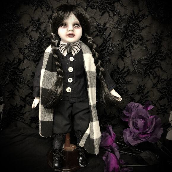 OOAK Creepy Odd 16” Wednesday Addams Halloween Inspired Artist Fan Art Doll - Picture 8 of 16